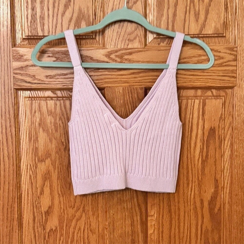 Aerie Tank Top Womens Size M Lavender Purple Ribbed Knit Cropped V-Neck New - Picture 2 of 6